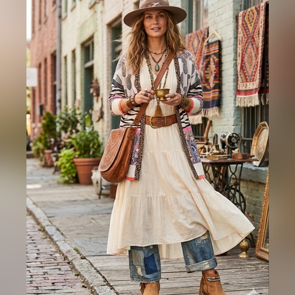 By Anthropologie Boho Mixed-Print Open Front Cardigan Sweater - Cream & Pink - Picture 2 of 4